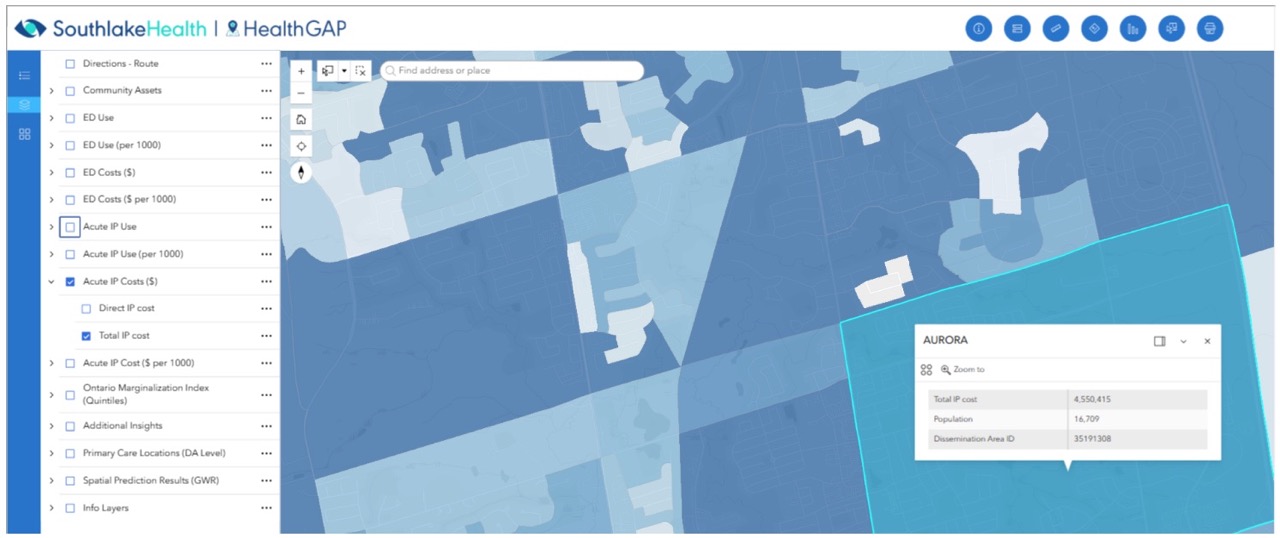 HealthGAP web-based geospatial mapping tool showing Southlake Health catchment data, including acute inpatient costs shaded by neighbourhood and a data panel for Aurora.
